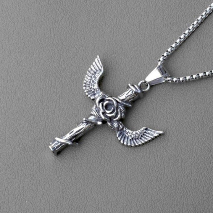 Retro Style Wings Rose Cross Pendant Titanium Necklace