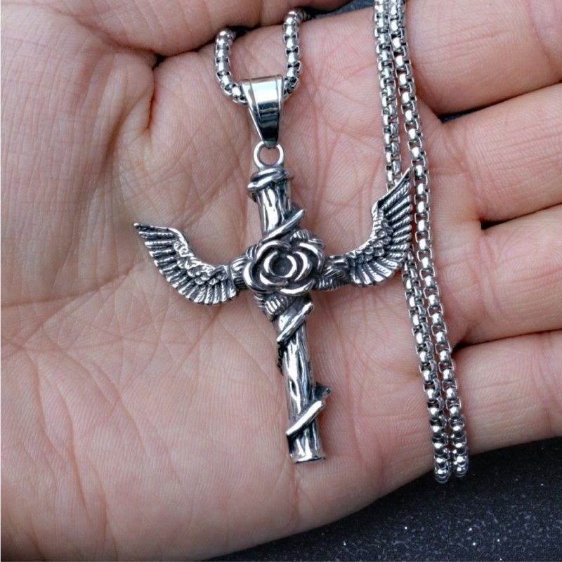 Retro Style Wings Rose Cross Pendant Titanium Necklace