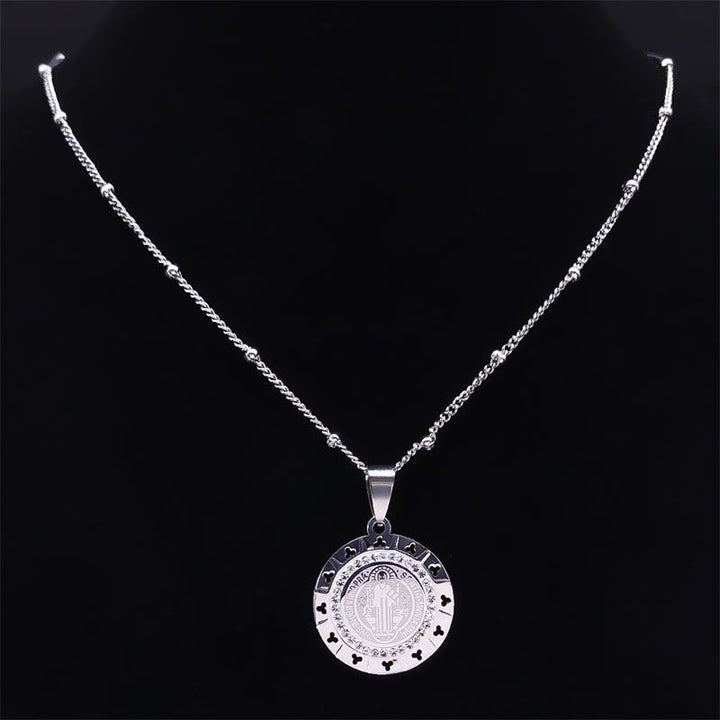 Retro Style Gem-set St. Benedict Medal Pendant Necklace