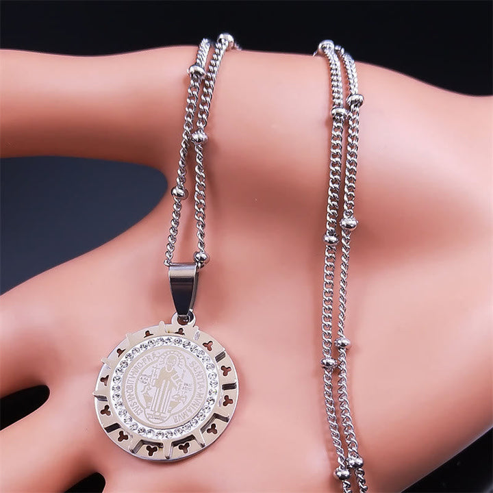 Retro Style Gem-set St. Benedict Medal Pendant Necklace
