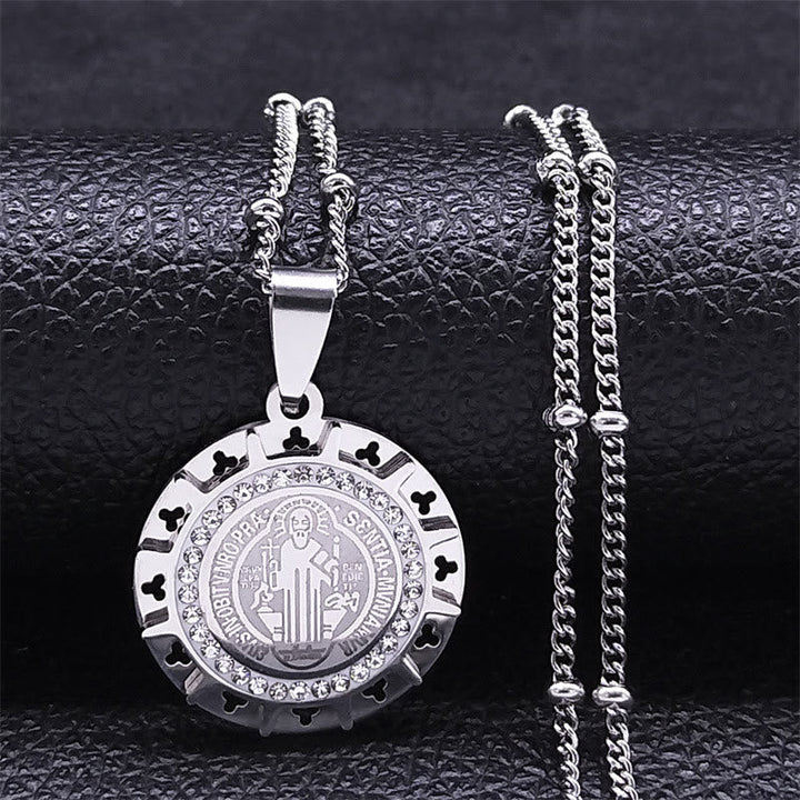 Retro Style Gem-set St. Benedict Medal Pendant Necklace