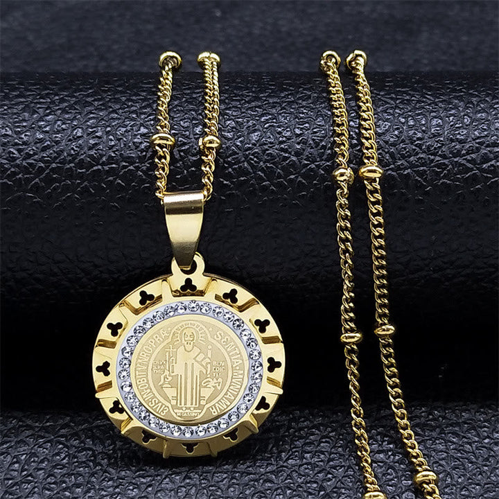 Retro Style Gem-set St. Benedict Medal Pendant Necklace