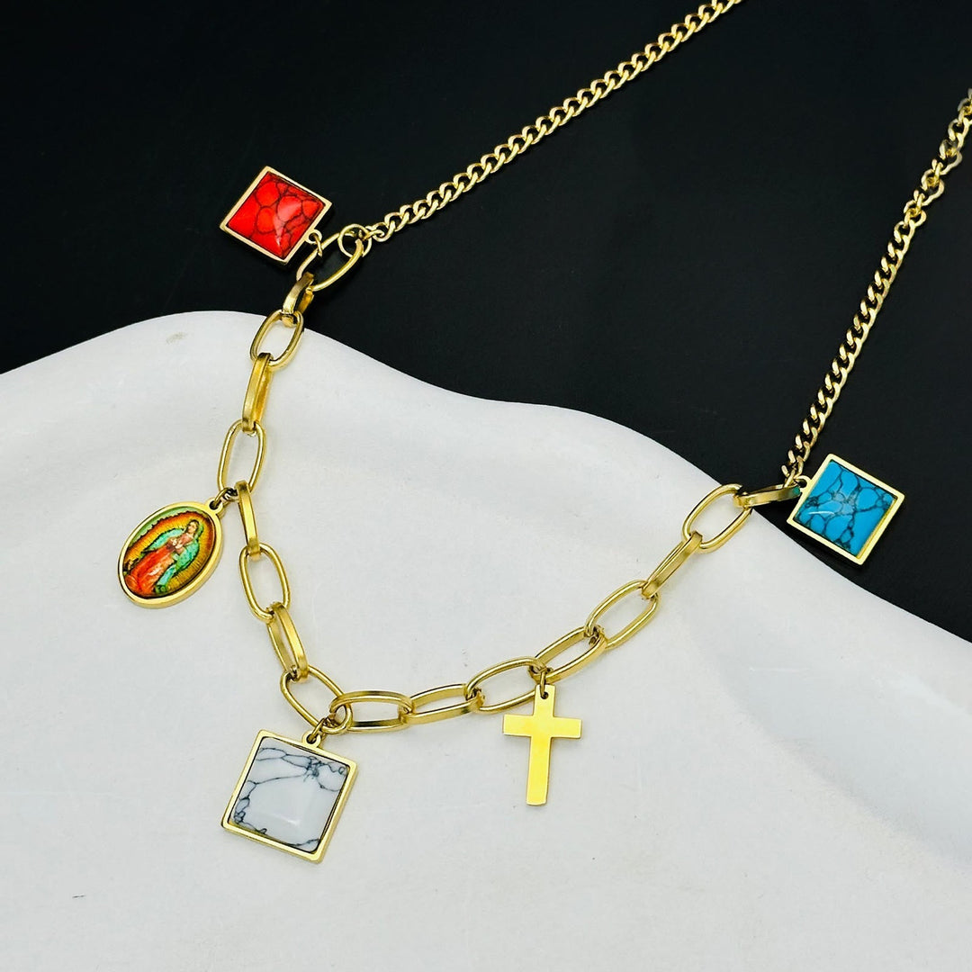 Casual Style Our Lady of Guadalupe Turquoise Cross Chocker Necklace