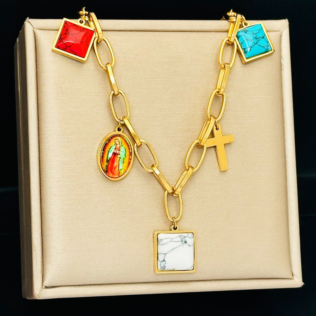 Casual Style Our Lady of Guadalupe Turquoise Cross Chocker Necklace