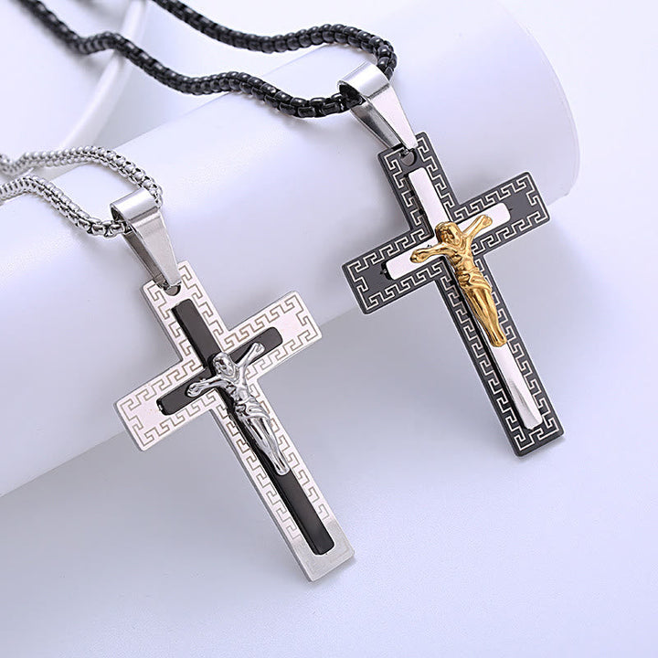 Retro Style Triple Layer Crucifix Pendant Titanium Necklace