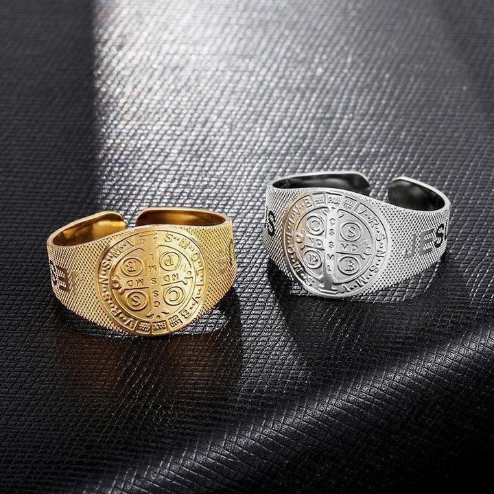Classic Style JESUS St. Benedict Symbol Titanium Adjustable Ring