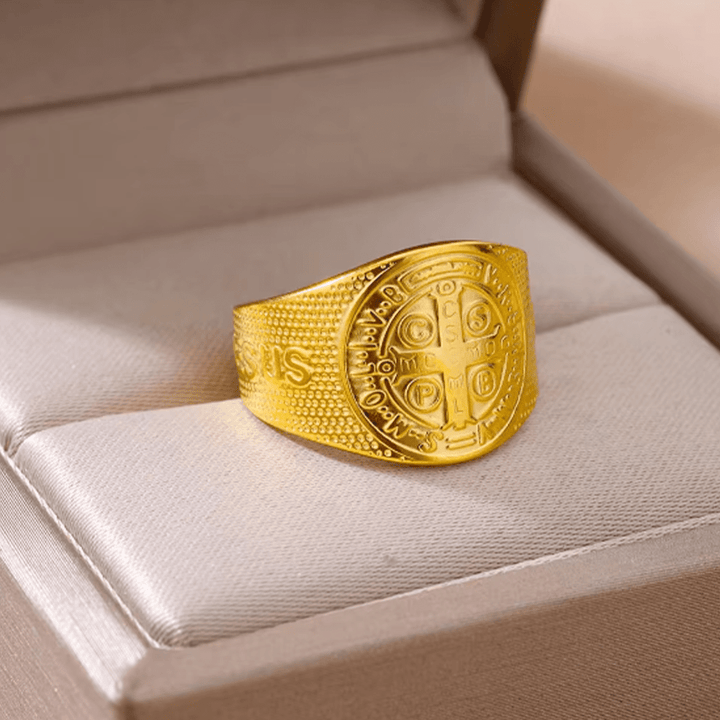 Classic Style JESUS St. Benedict Symbol Titanium Adjustable Ring