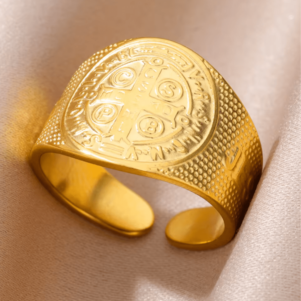 Classic Style JESUS St. Benedict Symbol Titanium Adjustable Ring