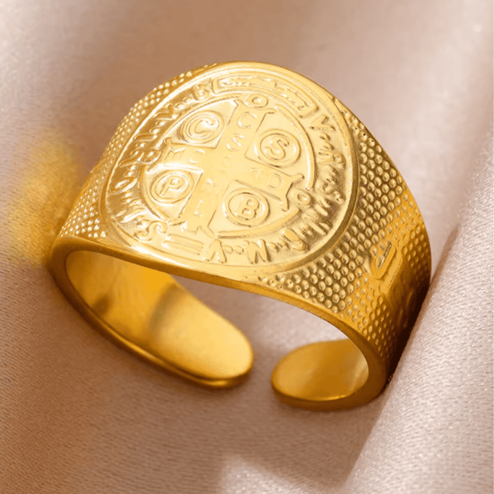 Classic Style JESUS St. Benedict Symbol Titanium Adjustable Ring