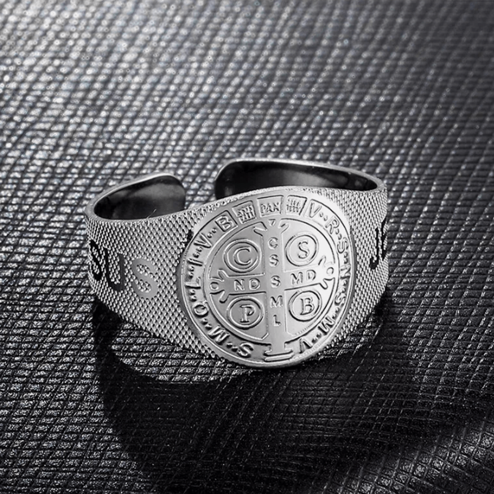 Classic Style JESUS St. Benedict Symbol Titanium Adjustable Ring