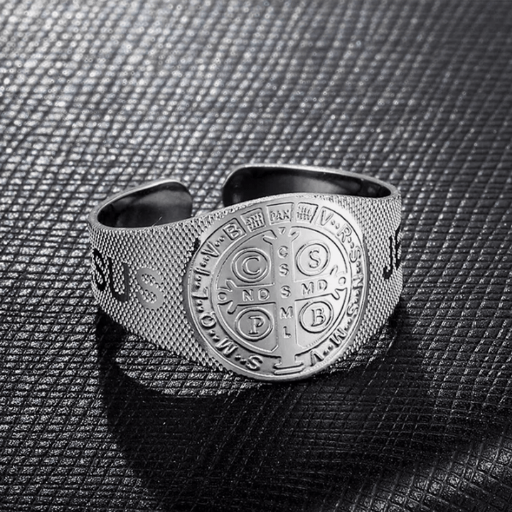 Classic Style JESUS St. Benedict Symbol Titanium Adjustable Ring
