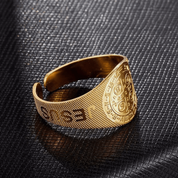 Classic Style JESUS St. Benedict Symbol Titanium Adjustable Ring
