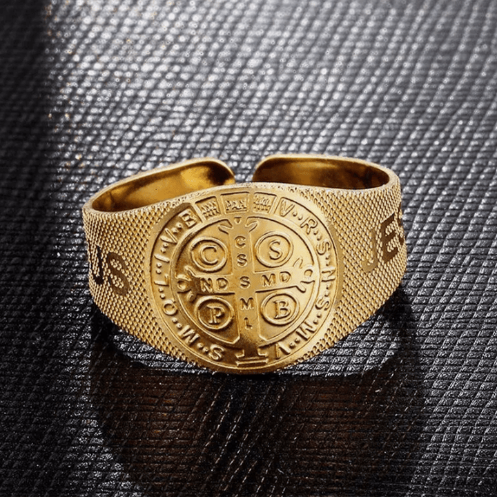 Classic Style JESUS St. Benedict Symbol Titanium Adjustable Ring