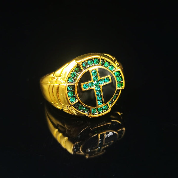Retro Style Green Gemstones Cross Golden Alloy Ring