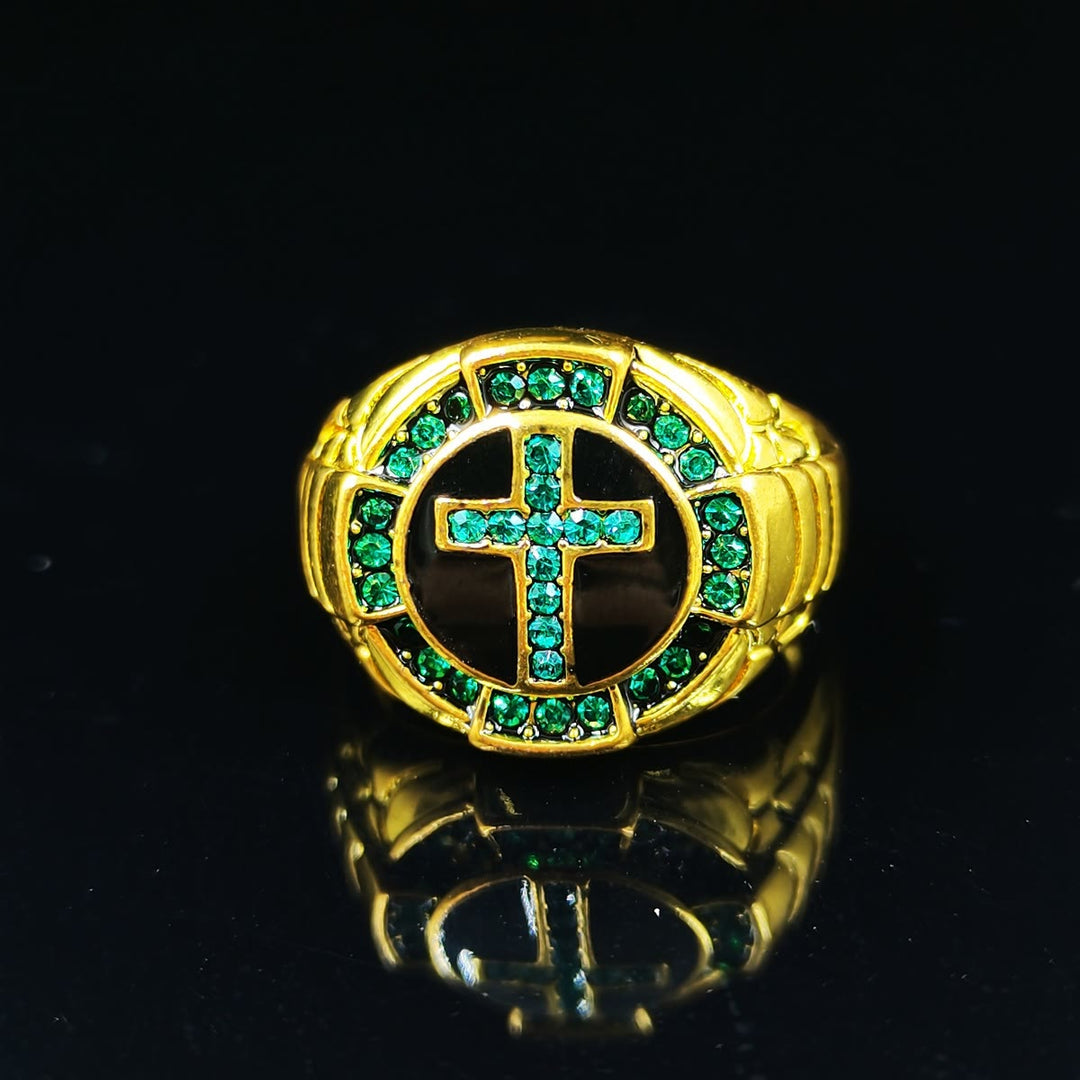 Retro Style Green Gemstones Cross Golden Alloy Ring