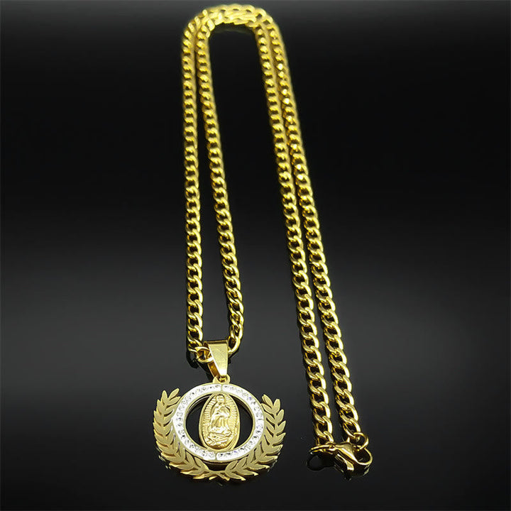 Classic Style Olive Branch with Our Lady of Guadalupe Rhinestones Pendant Necklace