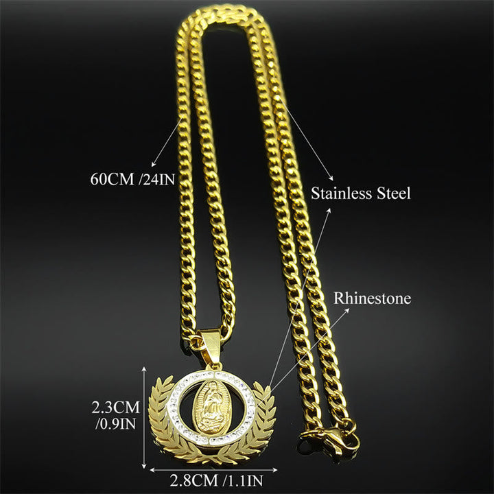 Classic Style Olive Branch with Our Lady of Guadalupe Rhinestones Pendant Necklace