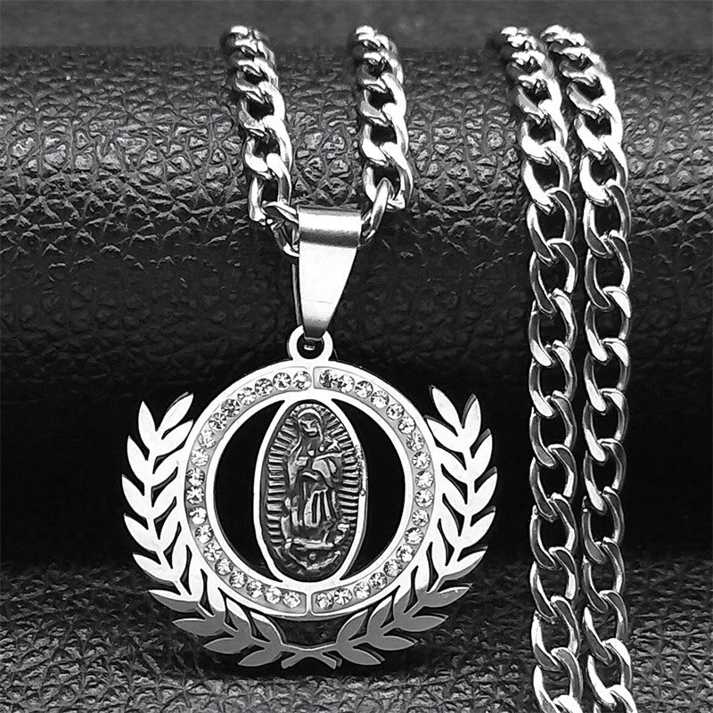Classic Style Olive Branch with Our Lady of Guadalupe Rhinestones Pendant Necklace