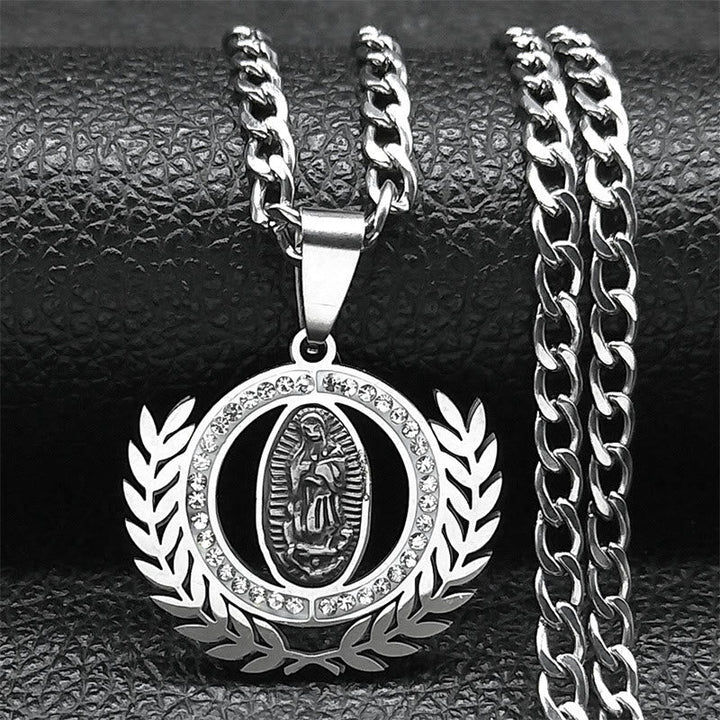 Classic Style Olive Branch with Our Lady of Guadalupe Rhinestones Pendant Necklace