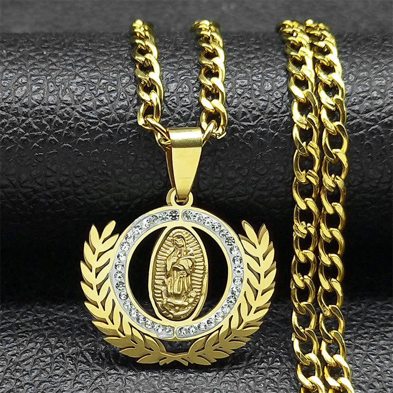 Classic Style Olive Branch with Our Lady of Guadalupe Rhinestones Pendant Necklace