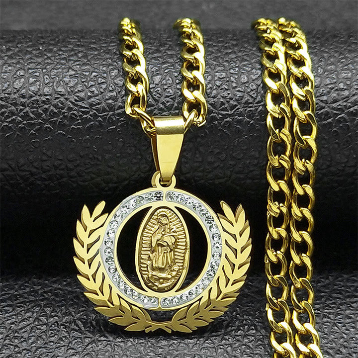 Classic Style Olive Branch with Our Lady of Guadalupe Rhinestones Pendant Necklace