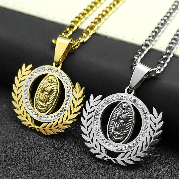Classic Style Olive Branch with Our Lady of Guadalupe Rhinestones Pendant Necklace