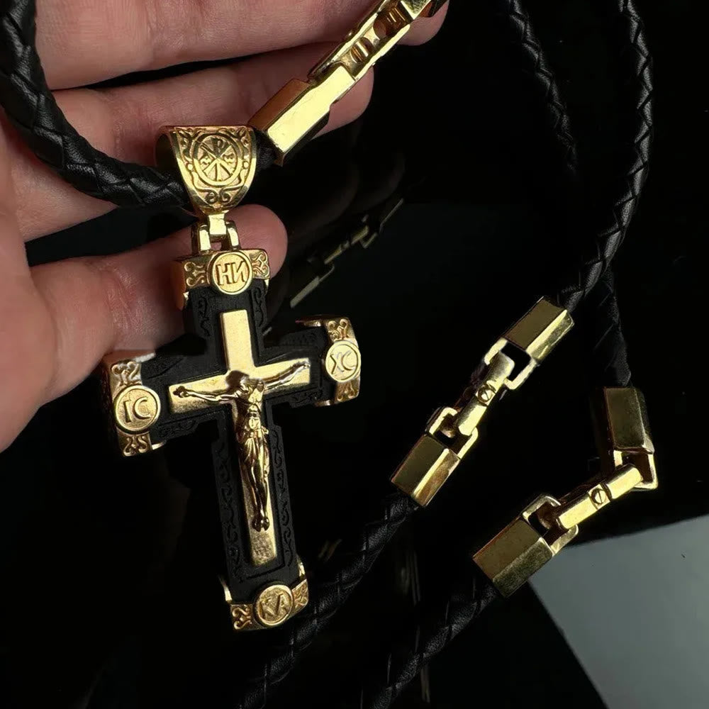 Luxury Style Crucifix Jesus Cross Black-gold Alloy Pendant Necklace