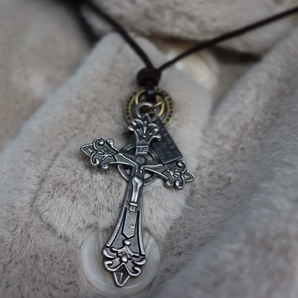 Retro Classic Style Crucifix Pendant Leather Rope Necklace