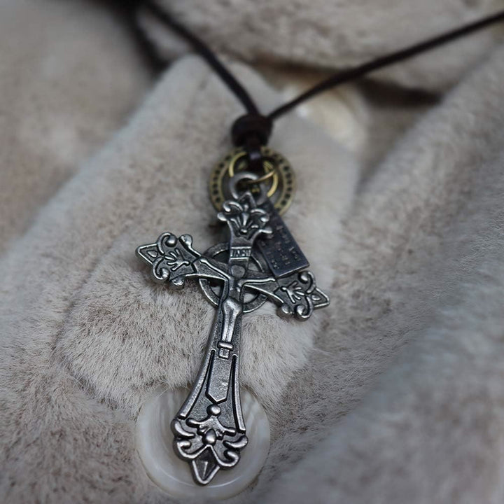 Retro Classic Style Crucifix Pendant Leather Rope Necklace