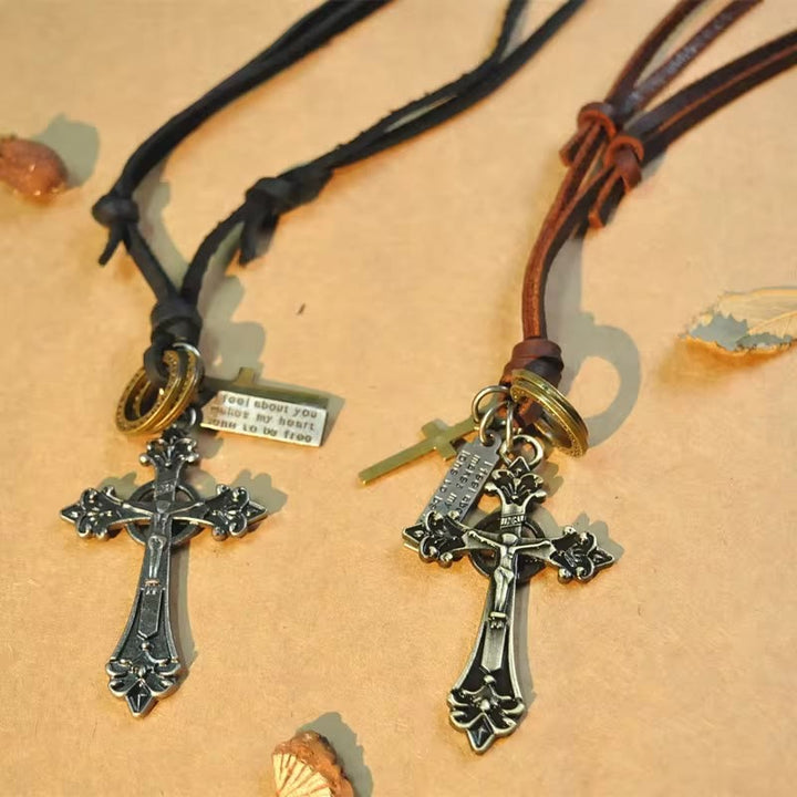 Retro Classic Style Crucifix Pendant Leather Rope Necklace