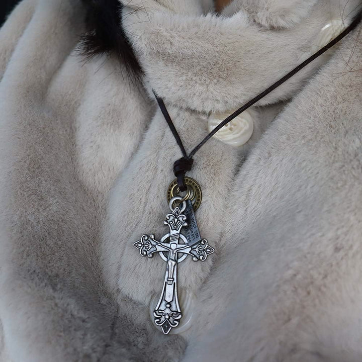Retro Classic Style Crucifix Pendant Leather Rope Necklace