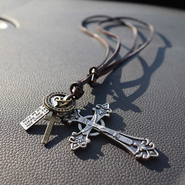 Retro Classic Style Crucifix Pendant Leather Rope Necklace