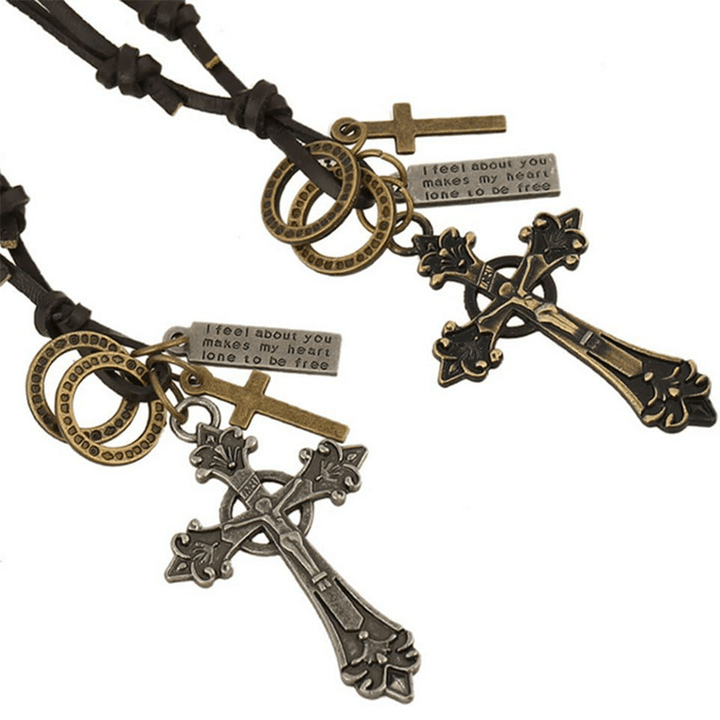 Retro Classic Style Crucifix Pendant Leather Rope Necklace
