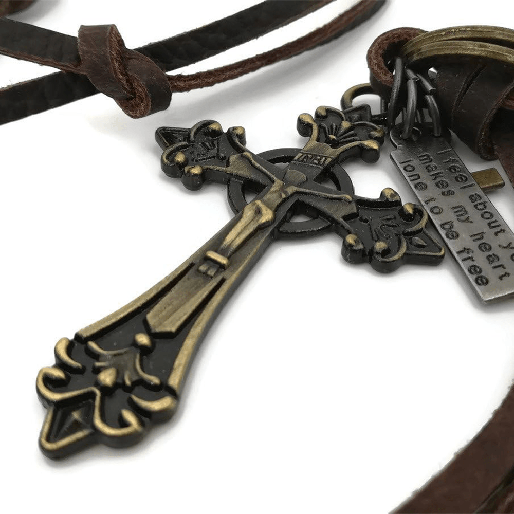 Retro Classic Style Crucifix Pendant Leather Rope Necklace