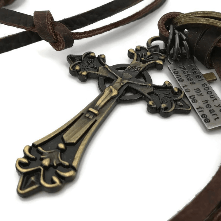 Retro Classic Style Crucifix Pendant Leather Rope Necklace
