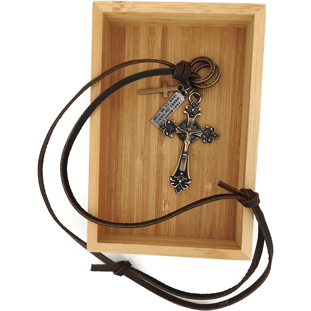 Retro Classic Style Crucifix Pendant Leather Rope Necklace