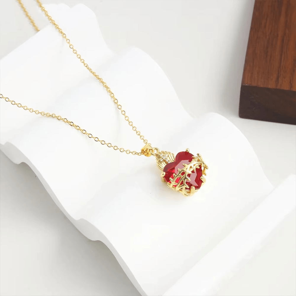 Modern Style Crafted Red Gemstones Sacred Heart of Jesus Pendant Necklace