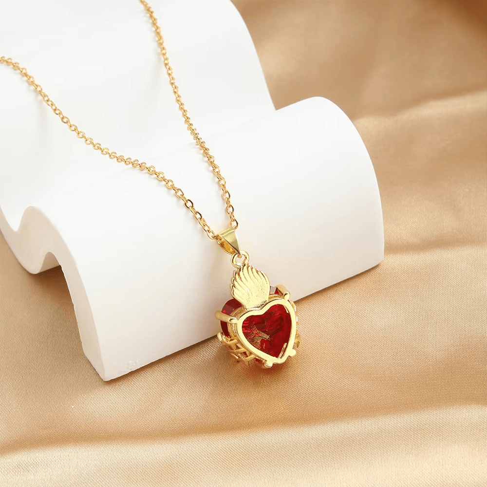 Modern Style Crafted Red Gemstones Sacred Heart of Jesus Pendant Necklace