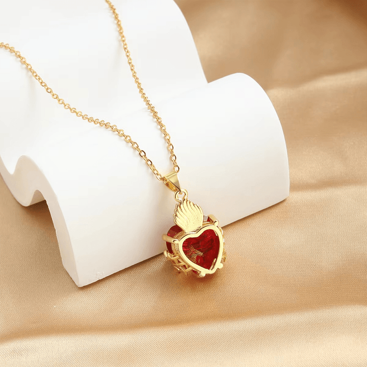 Modern Style Crafted Red Gemstones Sacred Heart of Jesus Pendant Necklace
