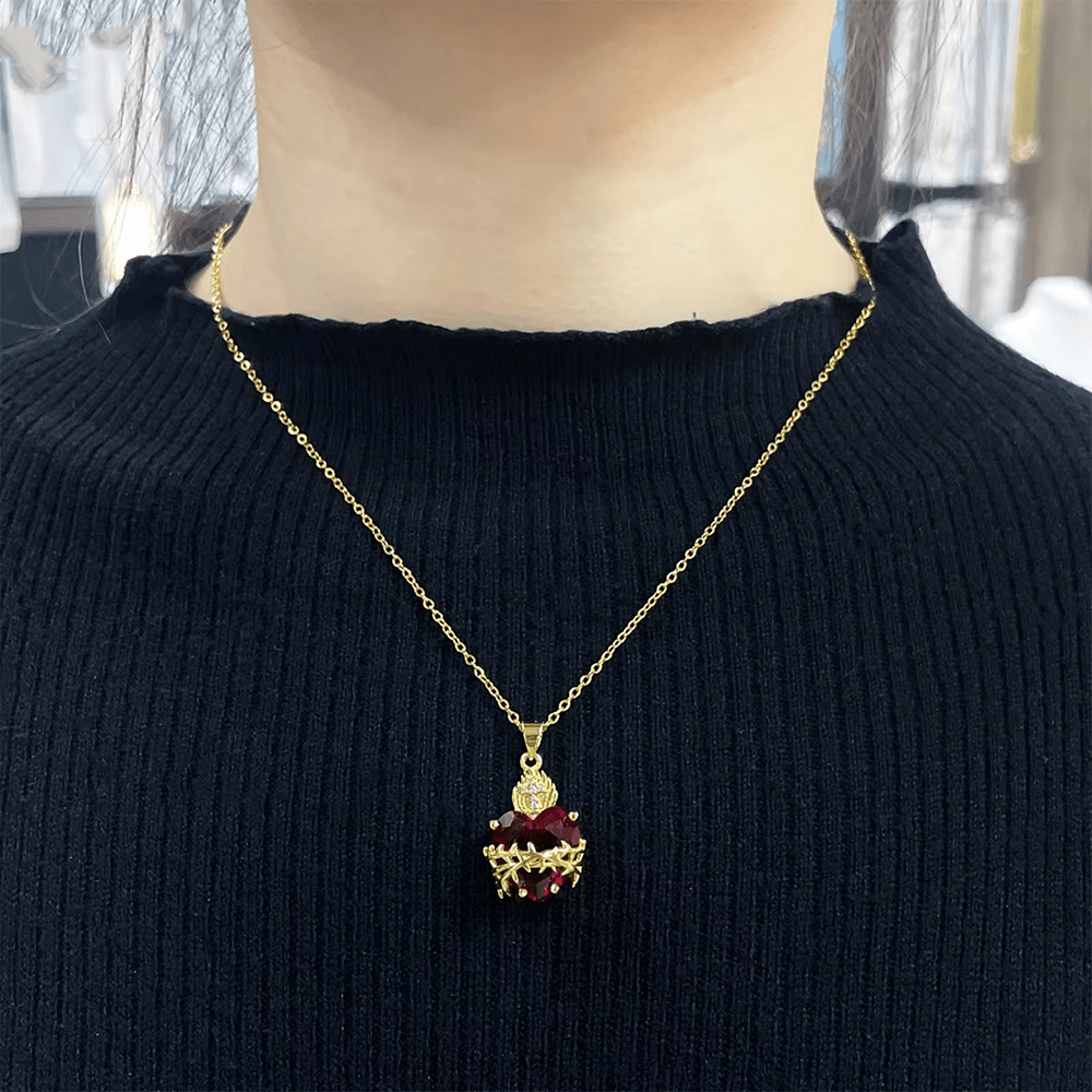 Modern Style Crafted Red Gemstones Sacred Heart of Jesus Pendant Necklace