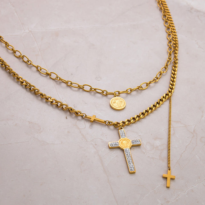Layered Necklace Style St. Benedict Cross Pendant Mixed Chain Necklace