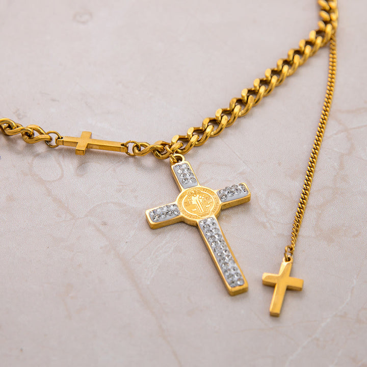 Layered Necklace Style St. Benedict Cross Pendant Mixed Chain Necklace