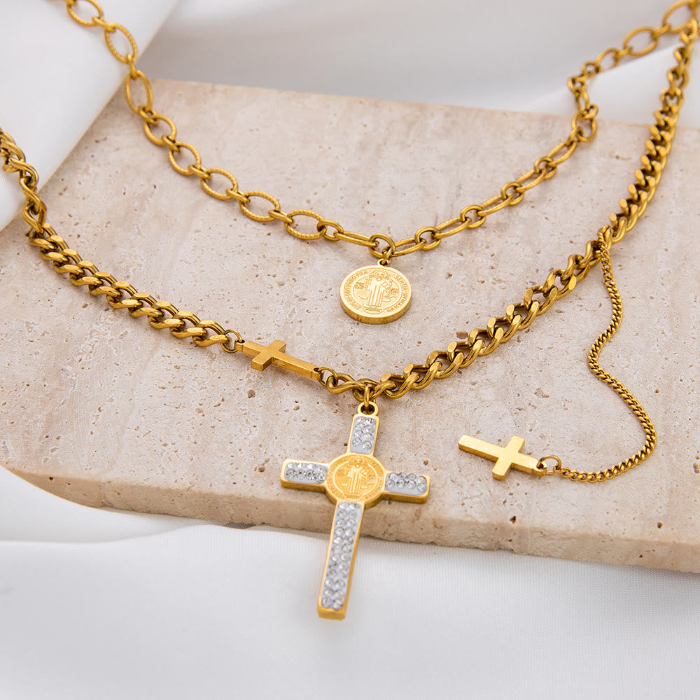 Layered Necklace Style St. Benedict Cross Pendant Mixed Chain Necklace