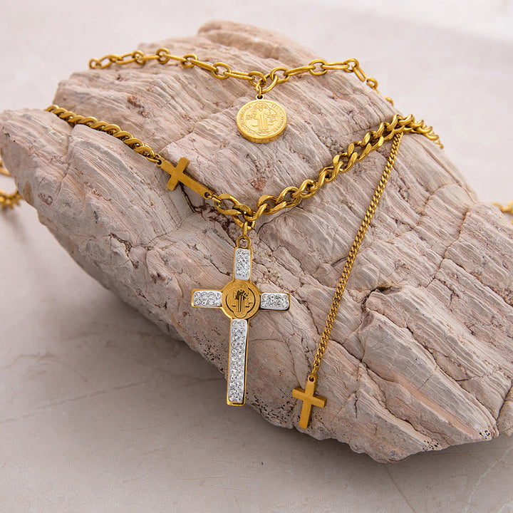 Layered Necklace Style St. Benedict Cross Pendant Mixed Chain Necklace