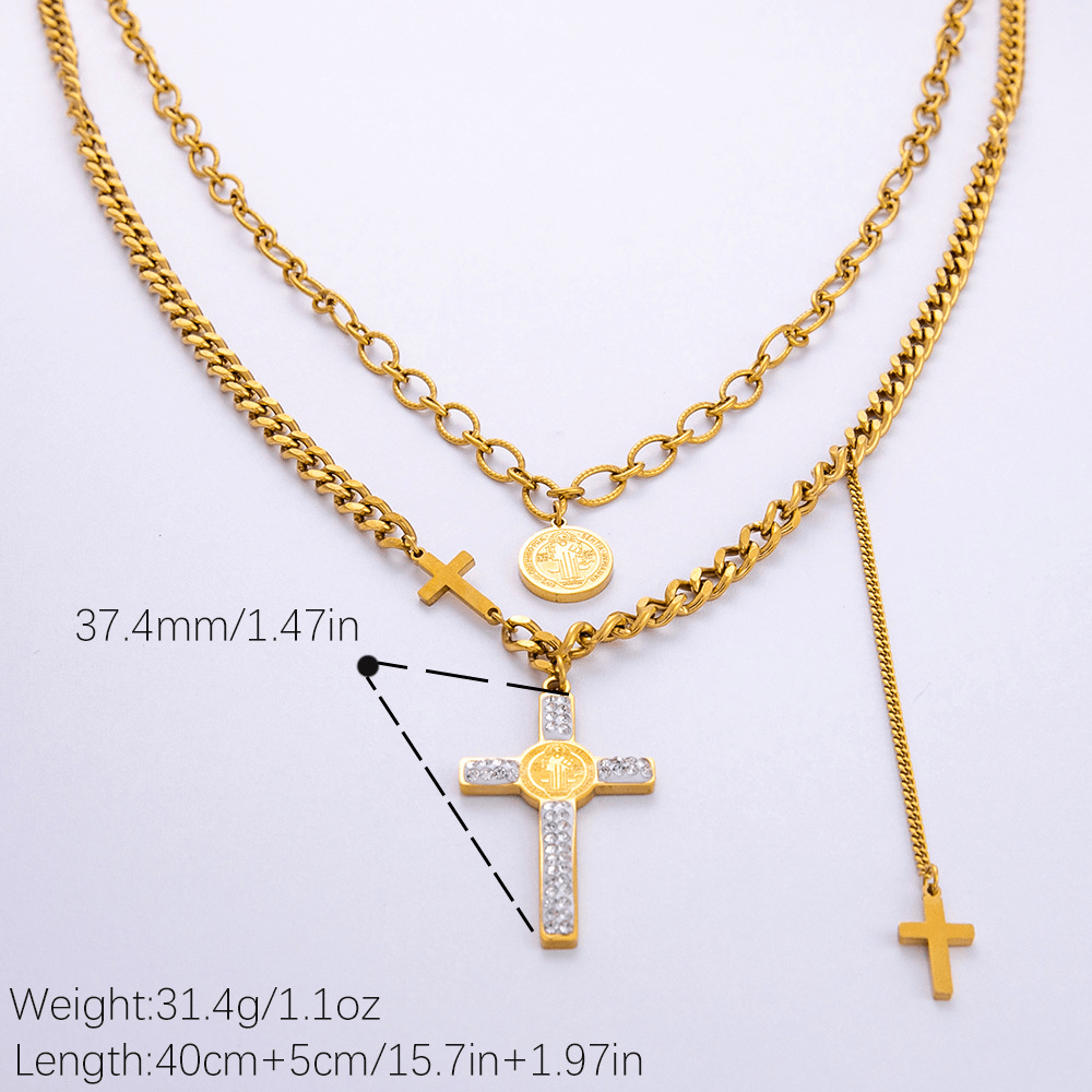 Layered Necklace Style St. Benedict Cross Pendant Mixed Chain Necklace