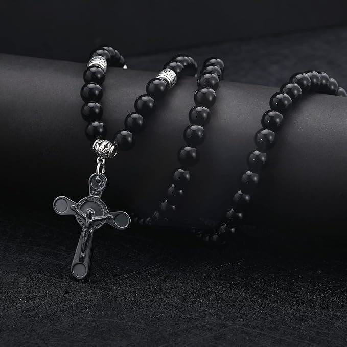Retro Noble Style Crucifix Black Gallstone Beads Pendant Necklace