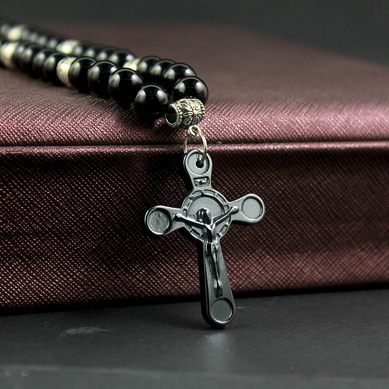 Retro Noble Style Crucifix Black Gallstone Beads Pendant Necklace