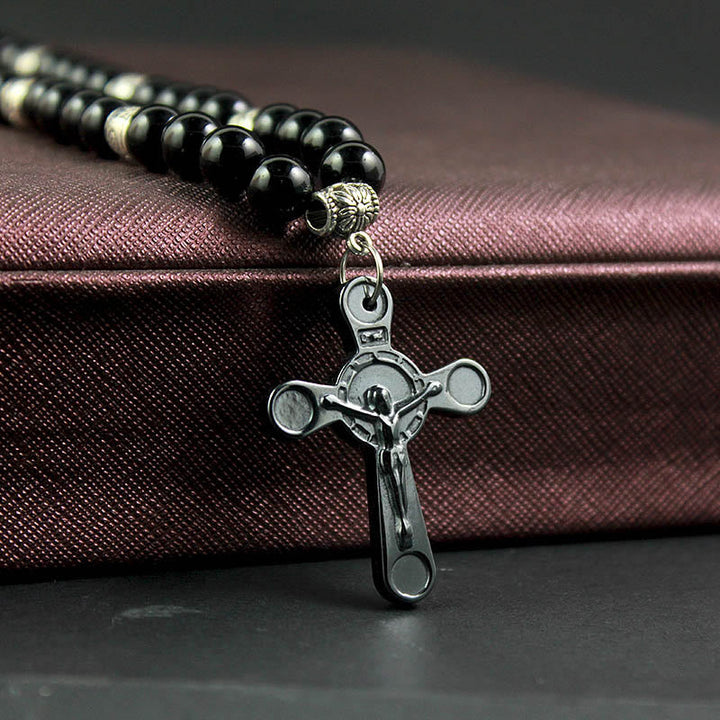 Retro Noble Style Crucifix Black Gallstone Beads Pendant Necklace