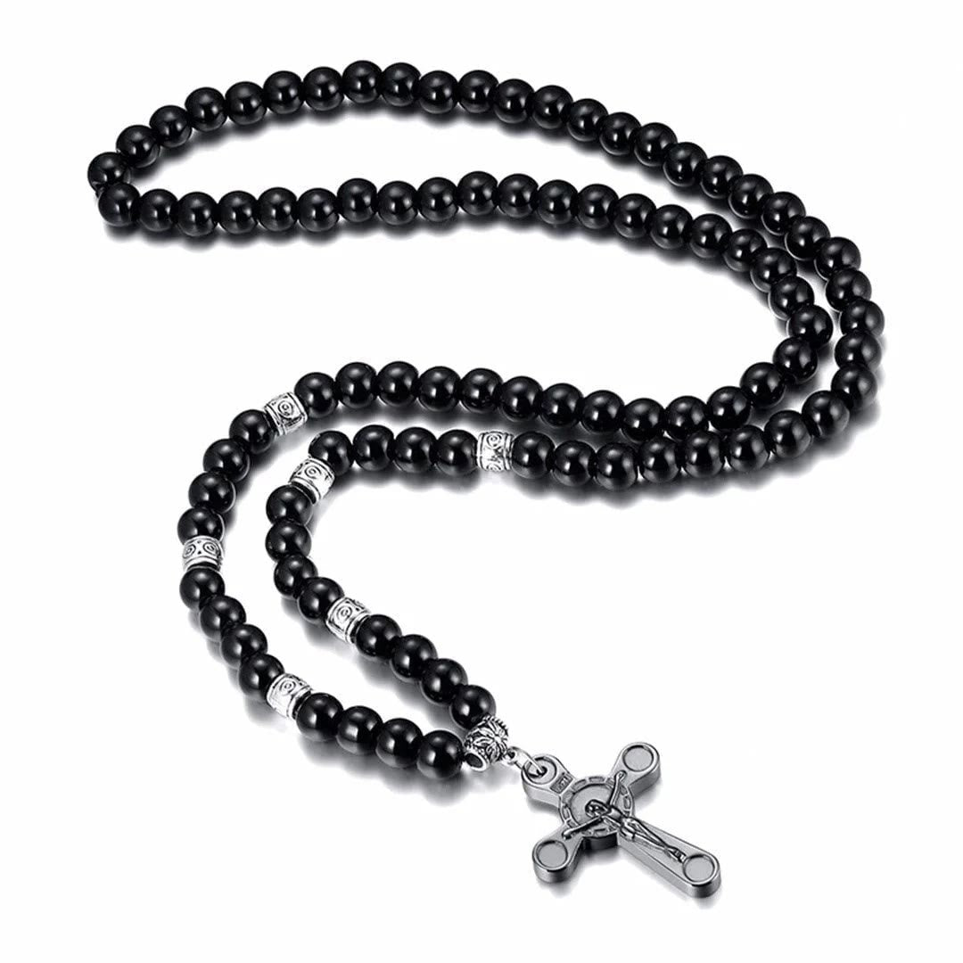 Retro Noble Style Crucifix Black Gallstone Beads Pendant Necklace