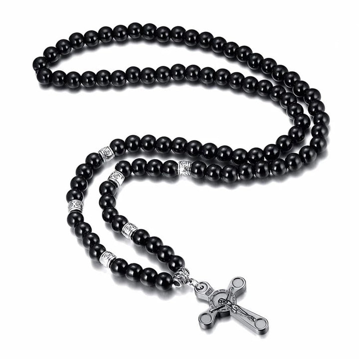 Retro Noble Style Crucifix Black Gallstone Beads Pendant Necklace